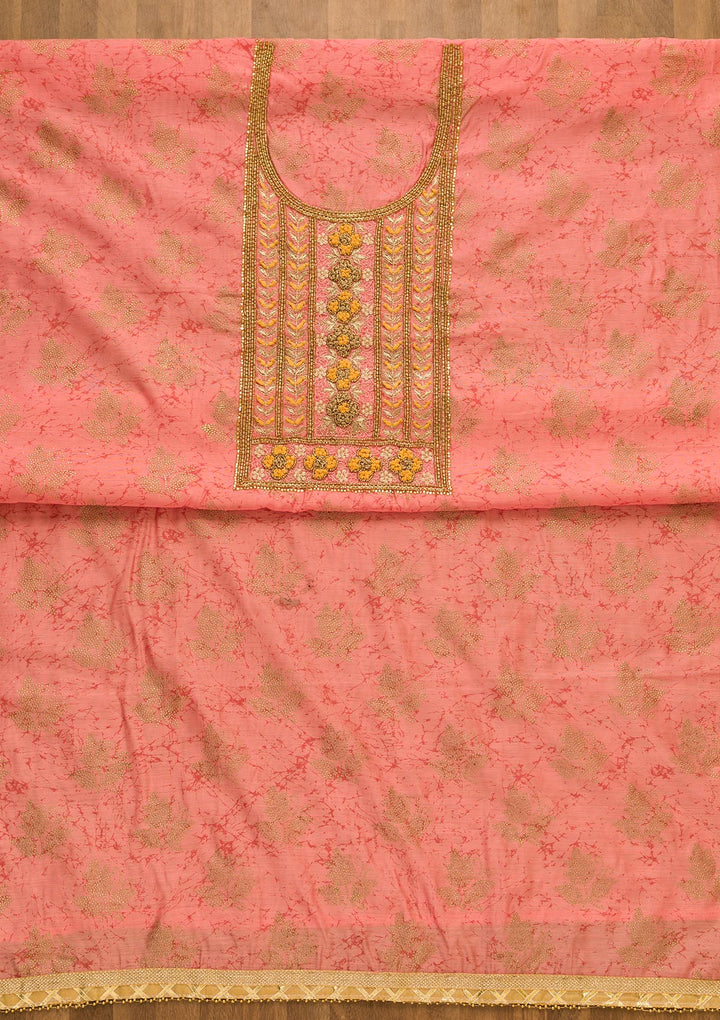 Pink Pearlwork Semi Crepe Unstitched Salwar Kameez-Koskii