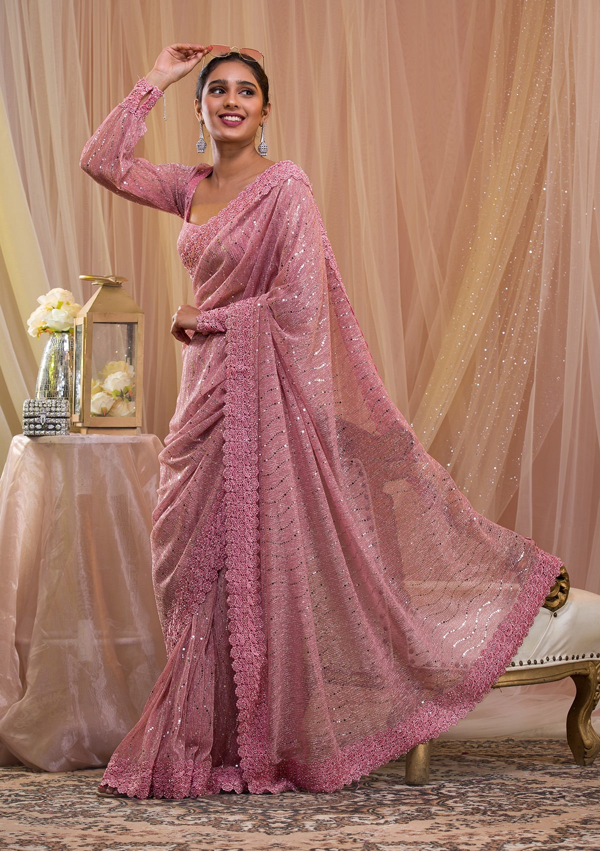 Baby Pink Sequins Shimmer Saree