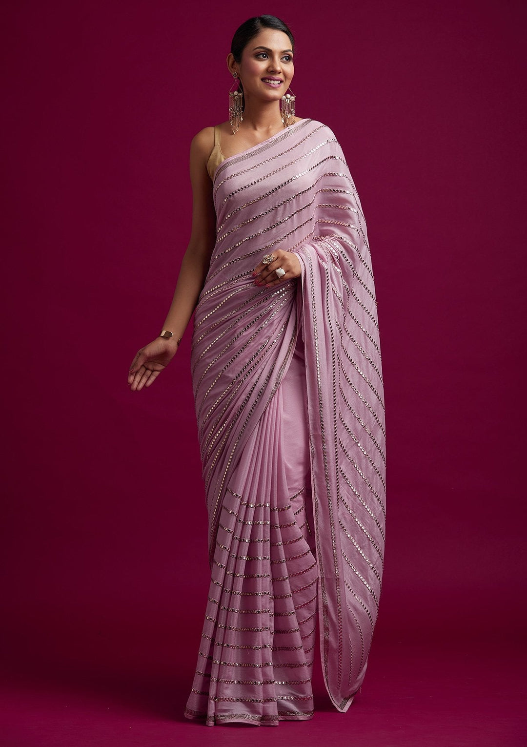 Pink Swarovski Georgette Designer Saree - koskii