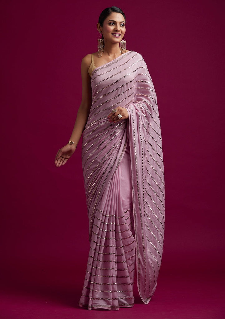 Pink Swarovski Georgette Designer Saree - koskii