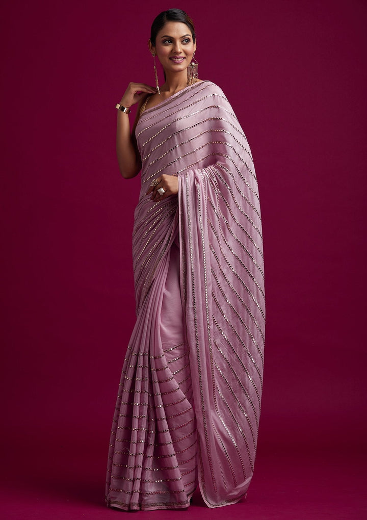 Pink Swarovski Georgette Designer Saree - koskii