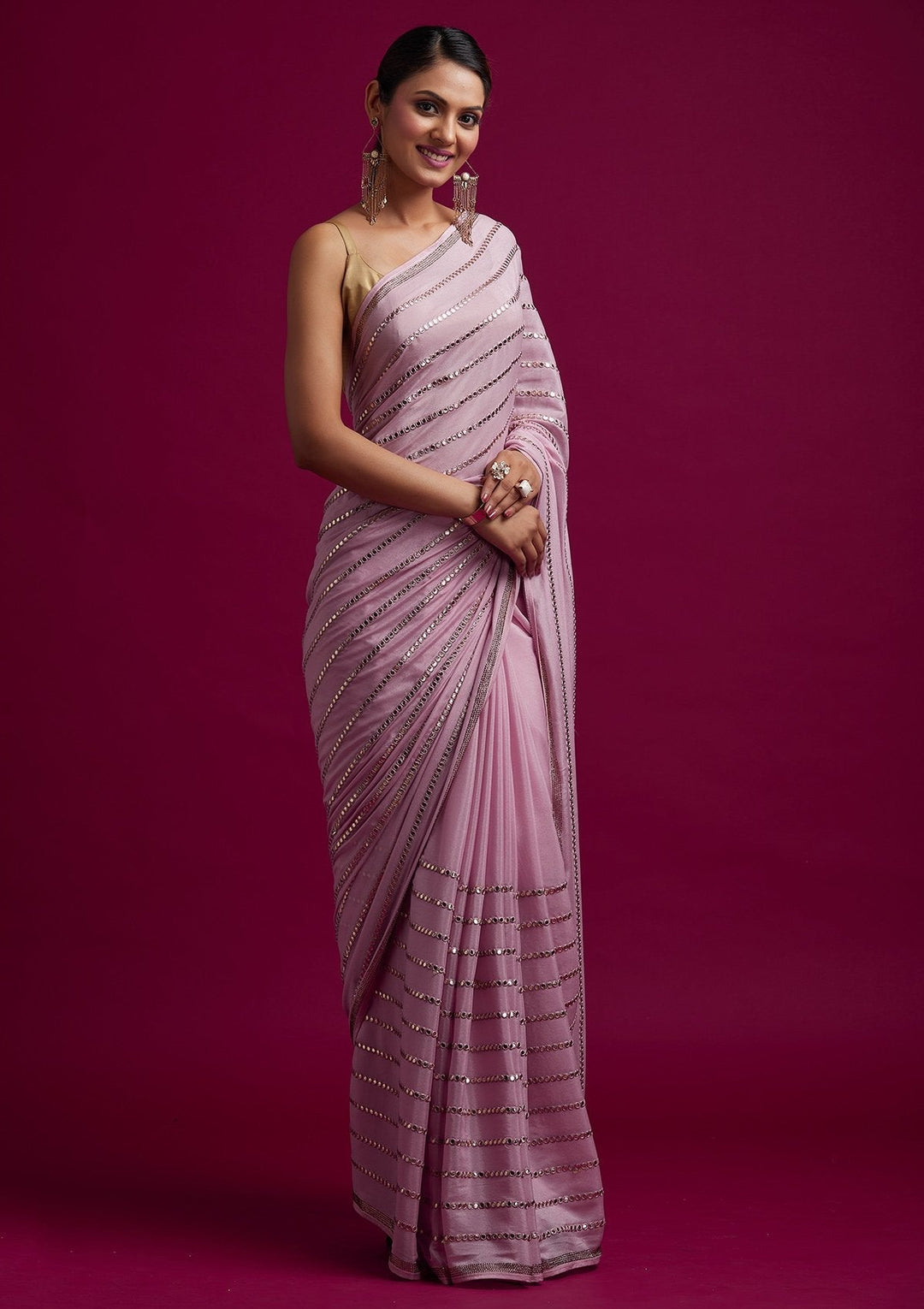 Pink Swarovski Georgette Designer Saree - koskii