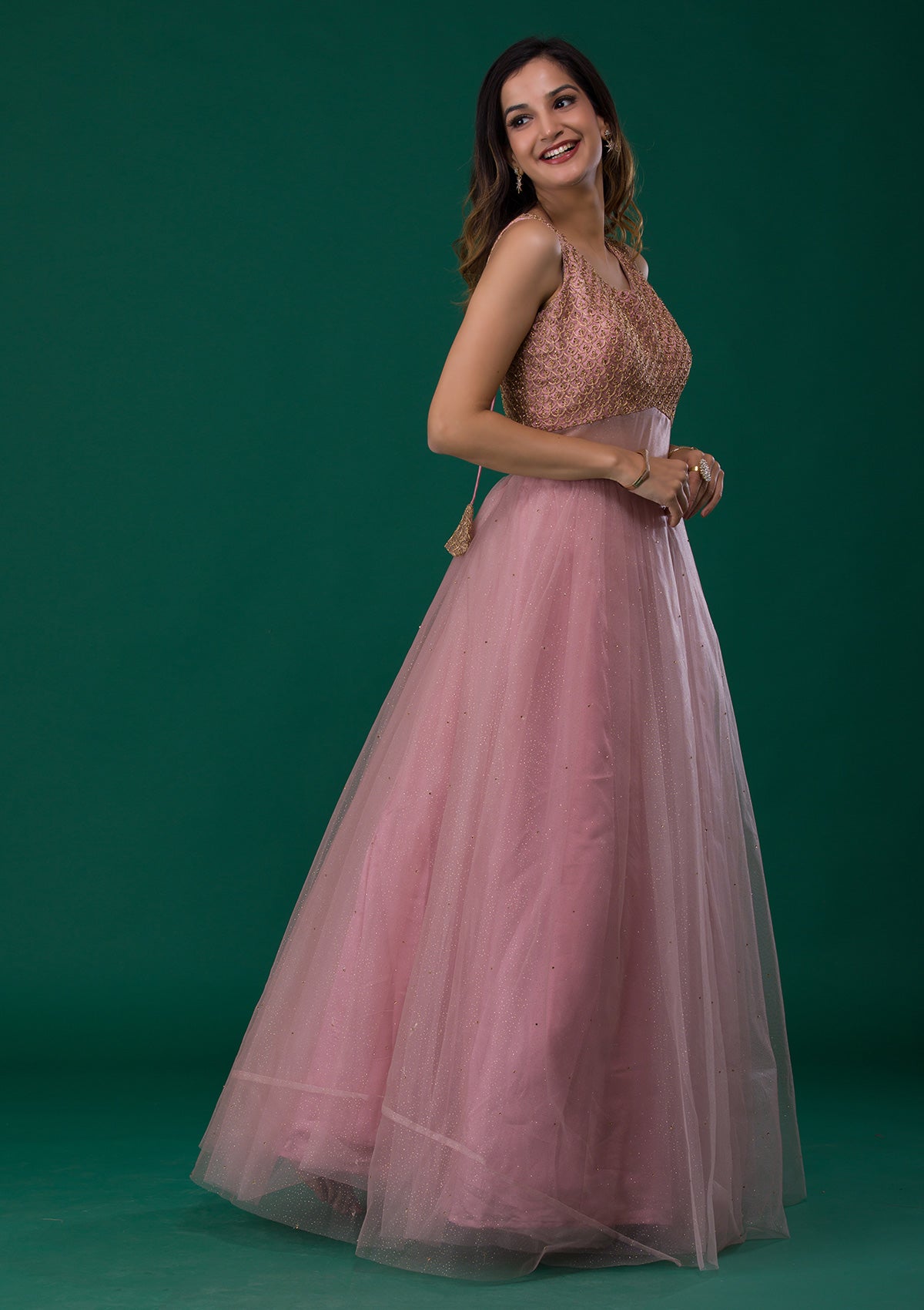 Pink Zariwork Net Designer Gown