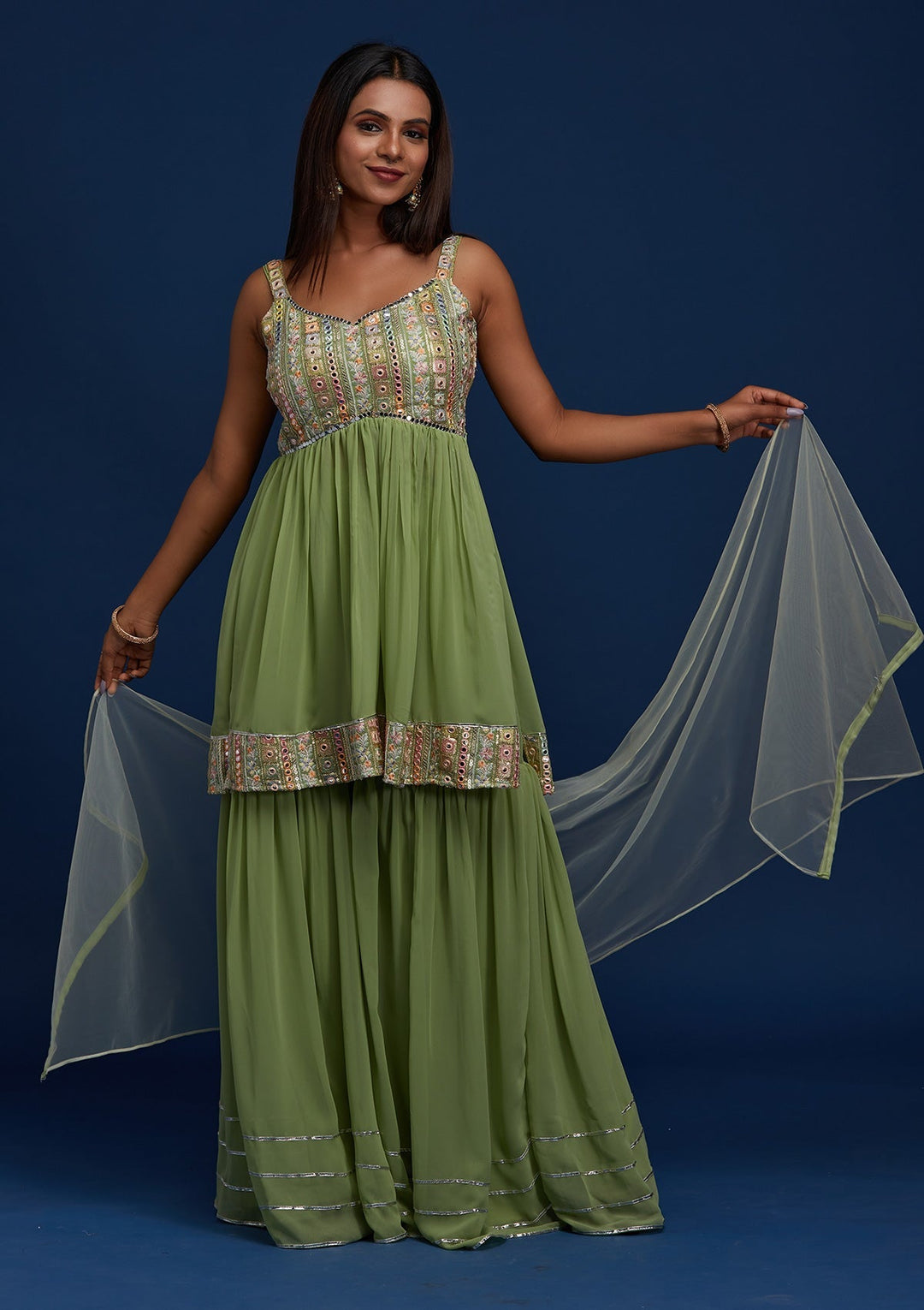 Pista Green Mirrorwork Georgette Designer Salwar Suit - Koskii