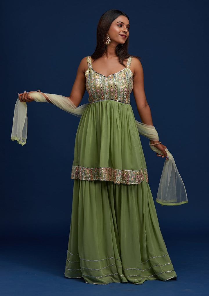 Pista Green Mirrorwork Georgette Designer Salwar Suit - Koskii