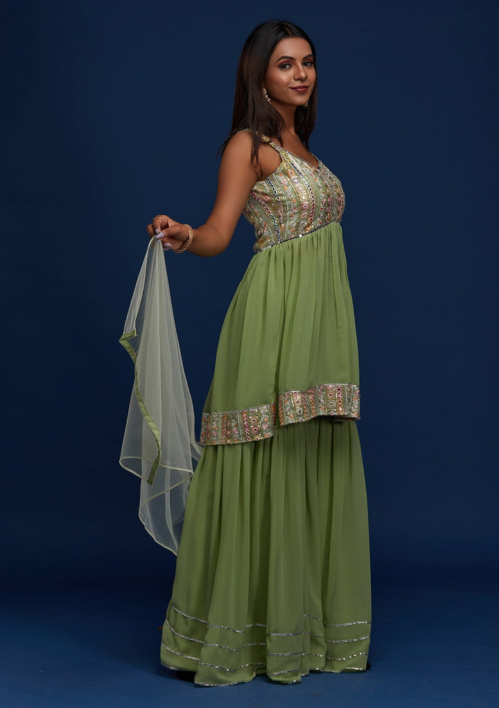 Pista Green Mirrorwork Georgette Designer Salwar Suit - Koskii