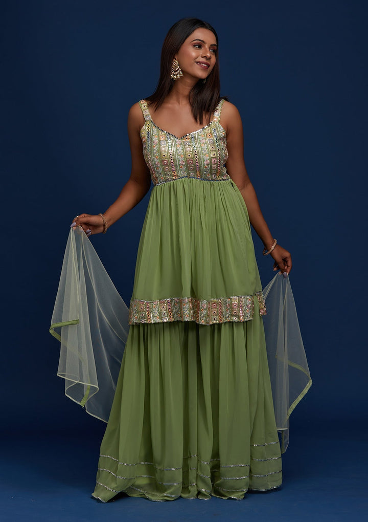 Pista Green Mirrorwork Georgette Designer Salwar Suit - Koskii