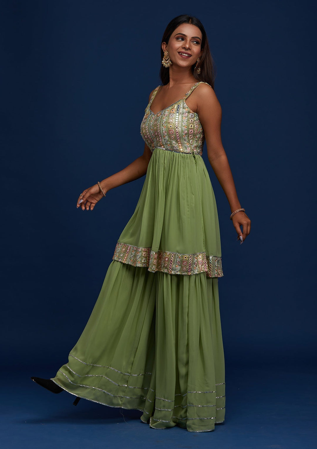 Pista Green Mirrorwork Georgette Designer Salwar Suit - Koskii