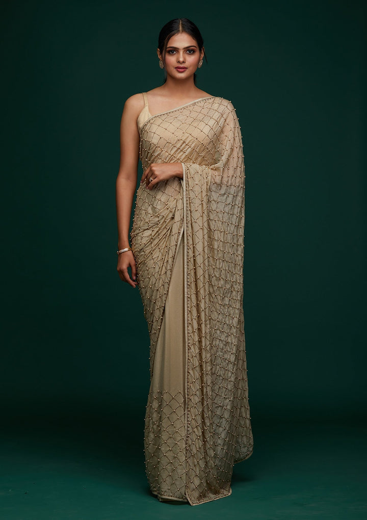 Pista Green Swarovski Shimmer Designer Saree - Koskii
