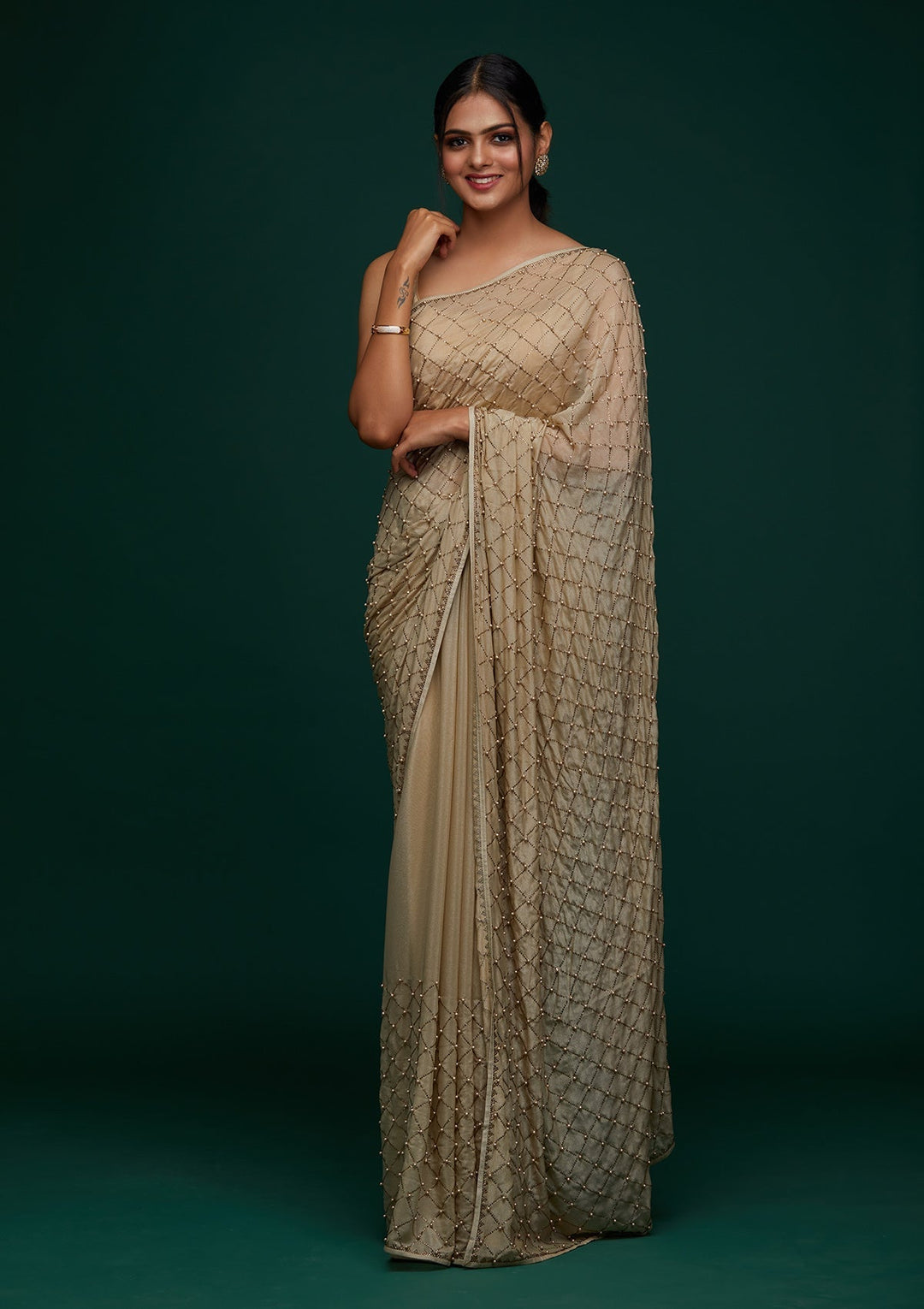 Pista Green Swarovski Shimmer Designer Saree - Koskii