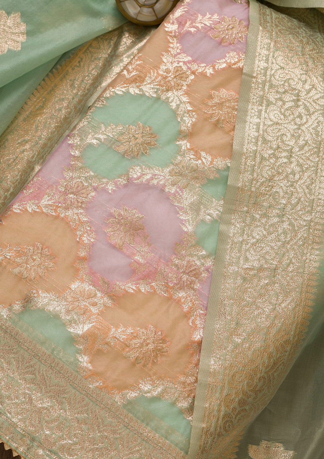 Pista Green Zariwork Chanderi Unstitched Salwar Suit-Koskii