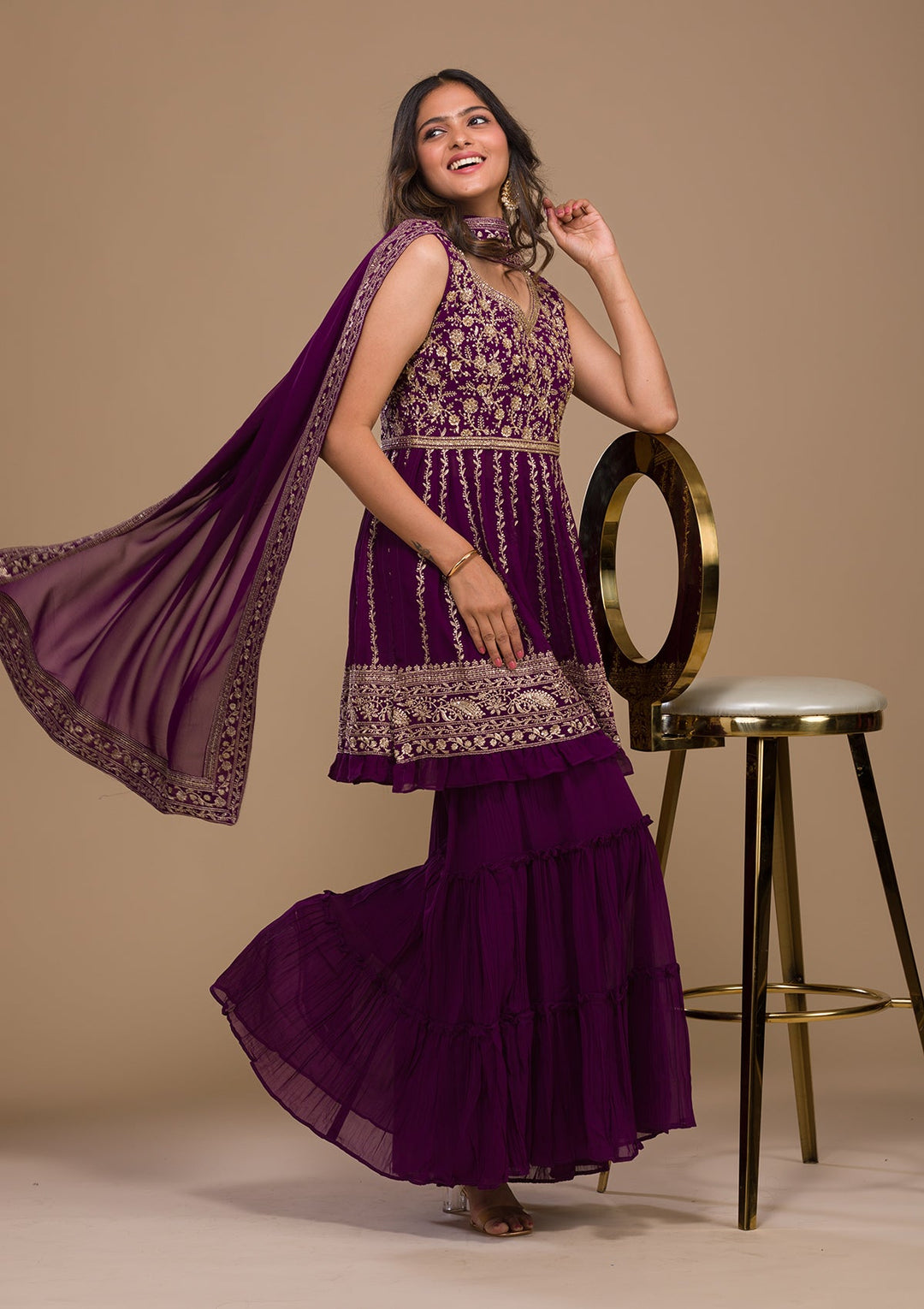 Purple Zariwork Georgette Readymade Salwar Kameez-Koskii