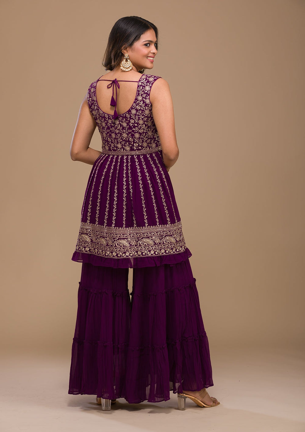 Purple Zariwork Georgette Readymade Salwar Kameez-Koskii