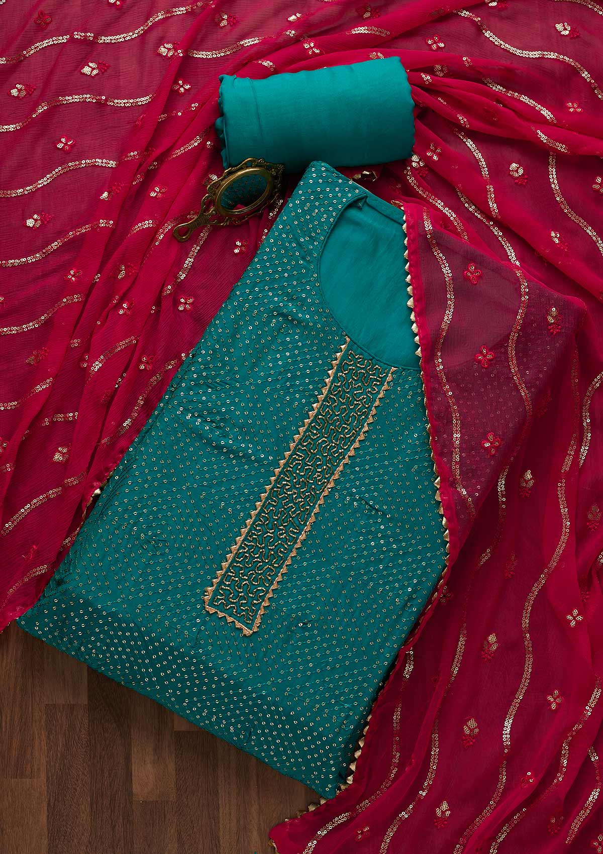 Buy Rama Green Sequins Semi Crepe Unstitched Salwar Suit