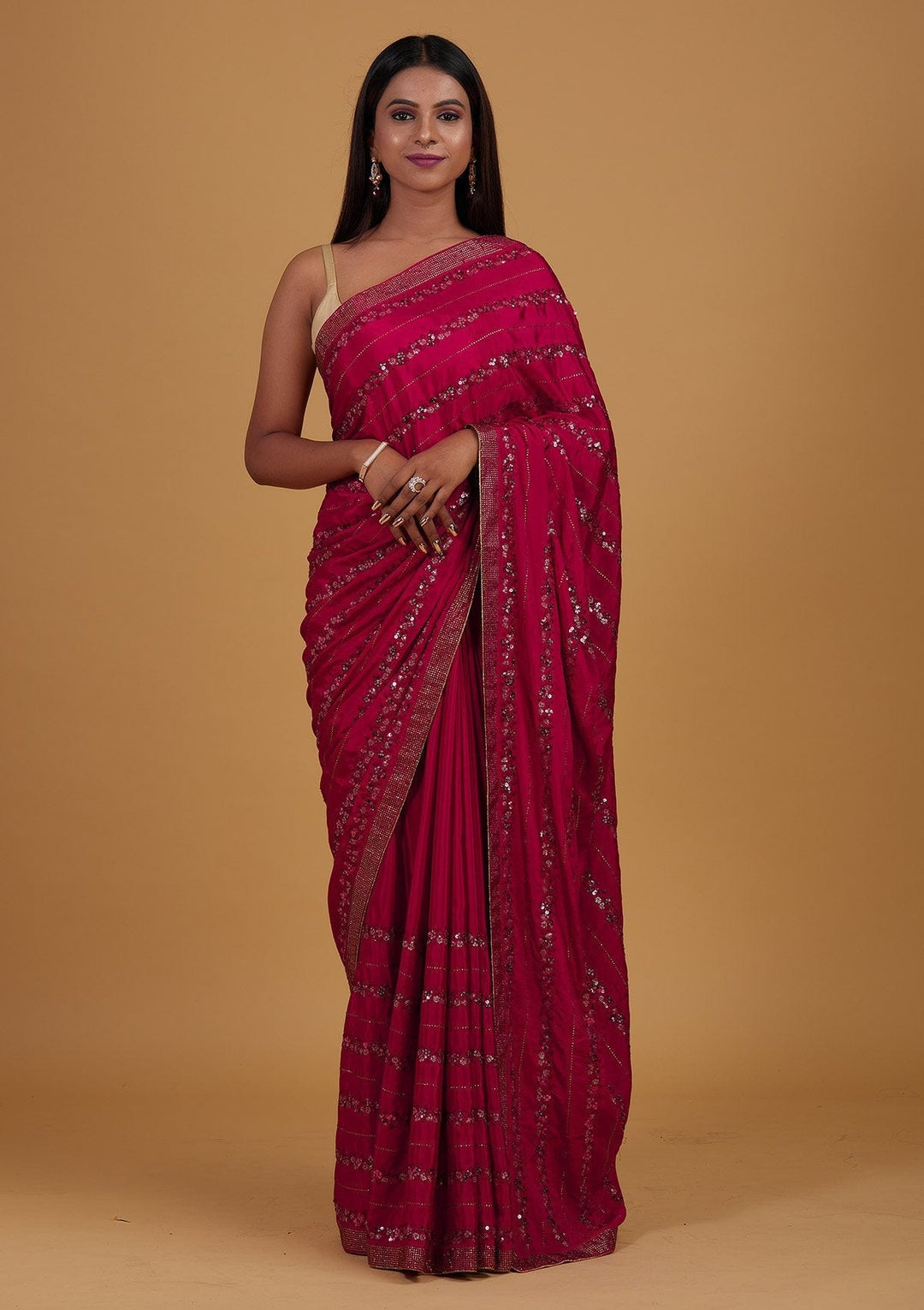 Rani Pink Swarovski Semi Crepe Designer Saree - Koskii