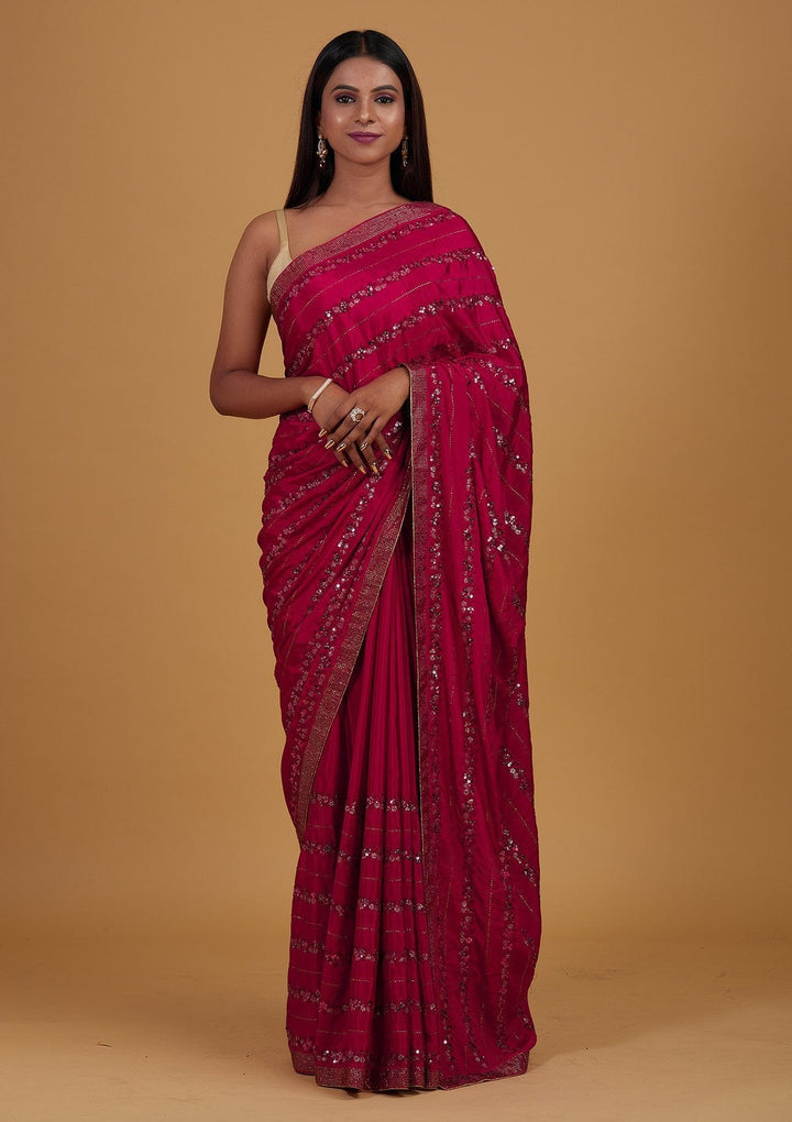 Rani Pink Swarovski Semi Crepe Designer Saree - Koskii