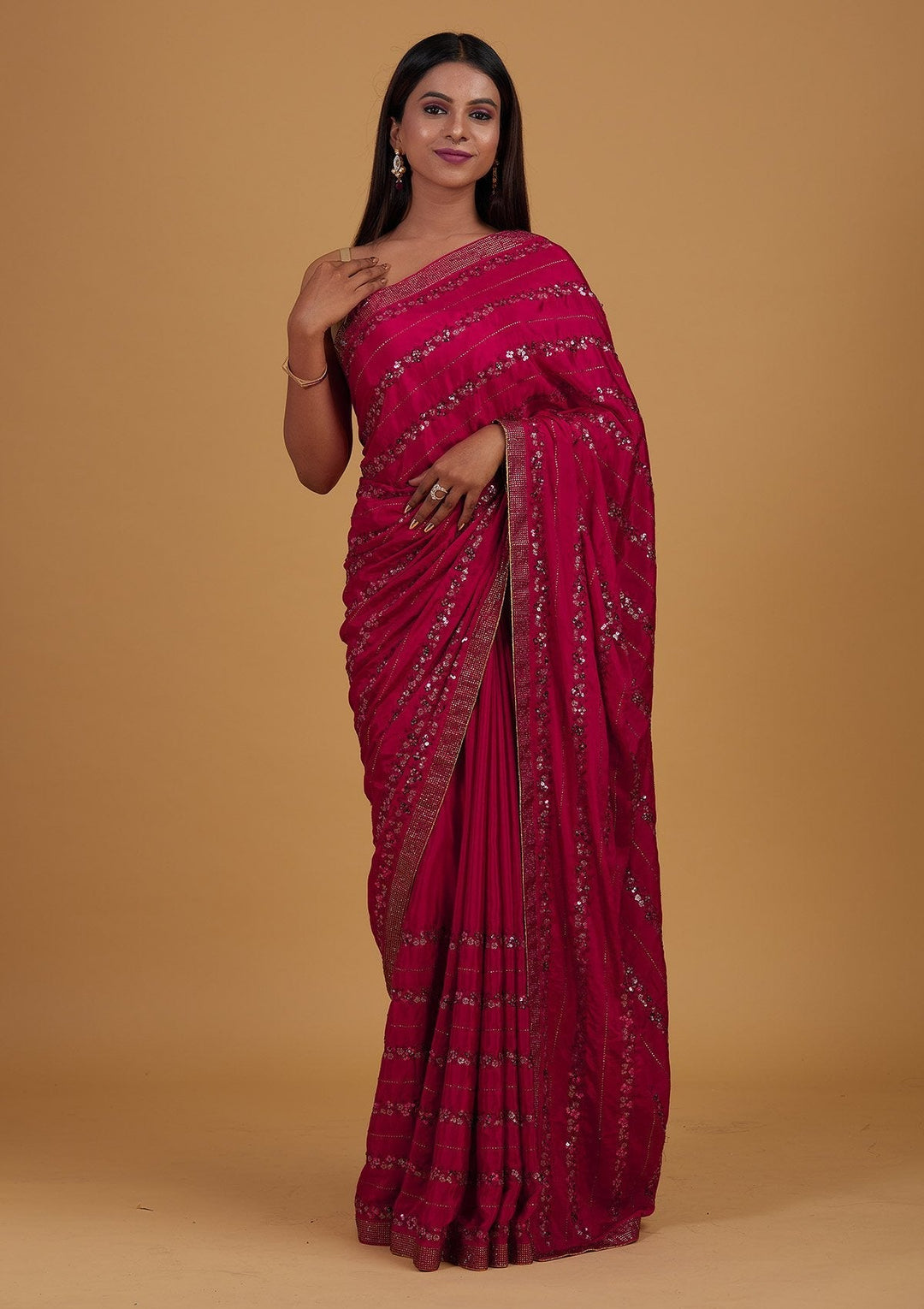 Rani Pink Swarovski Semi Crepe Designer Saree - Koskii