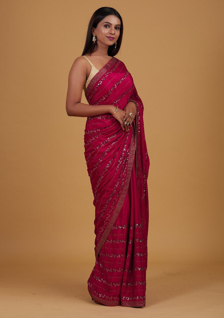 Rani Pink Swarovski Semi Crepe Designer Saree - Koskii
