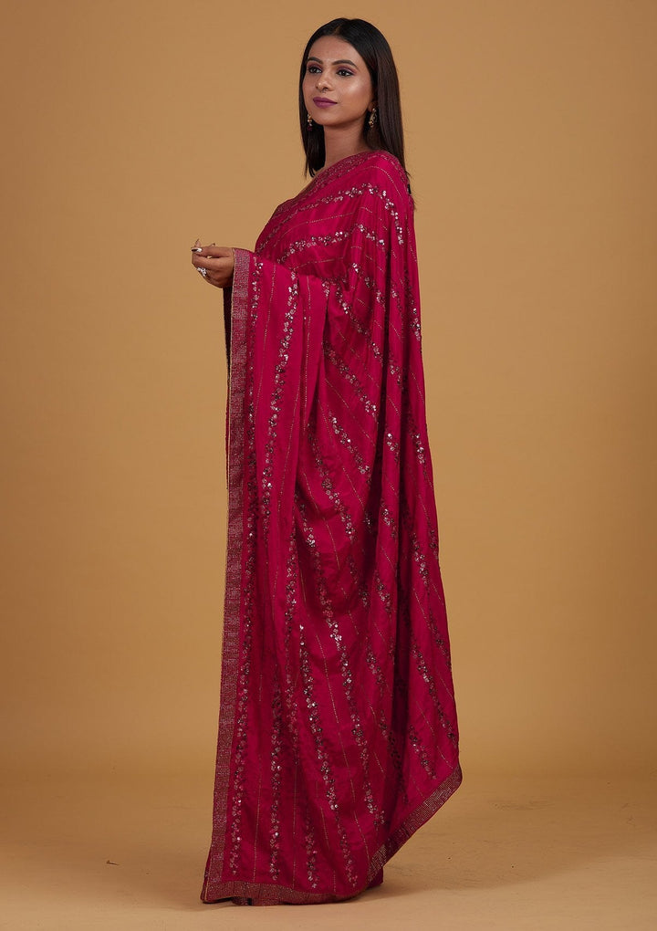 Rani Pink Swarovski Semi Crepe Designer Saree - Koskii