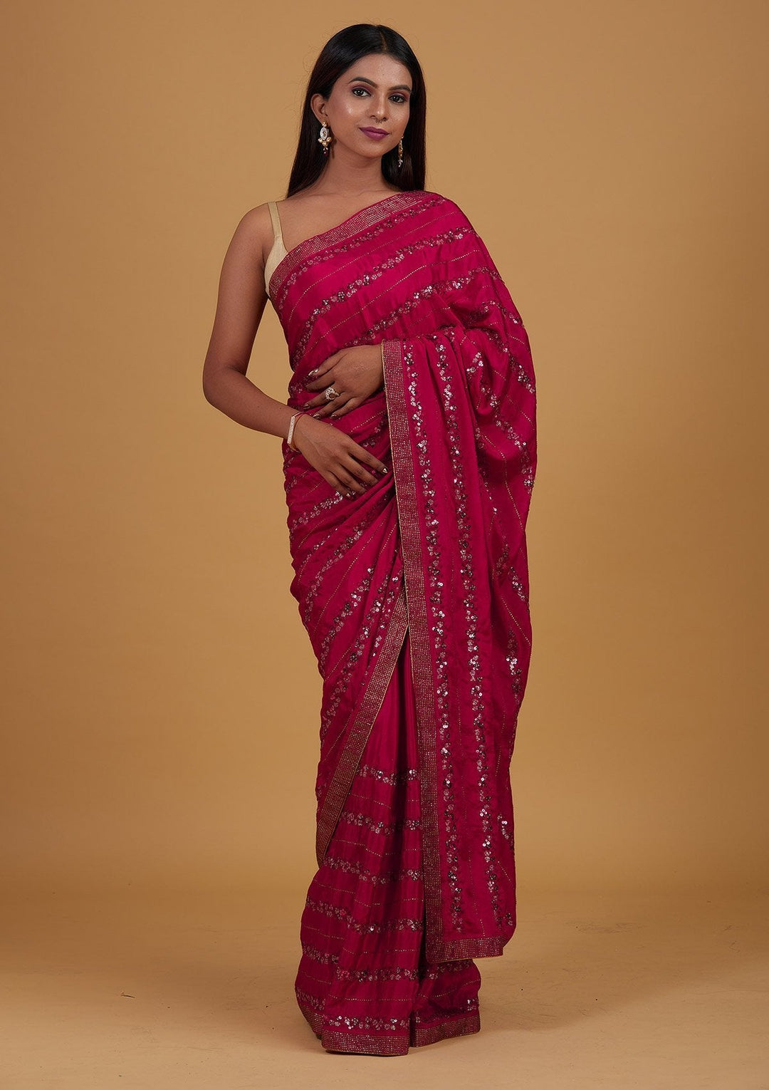 Rani Pink Swarovski Semi Crepe Designer Saree - Koskii