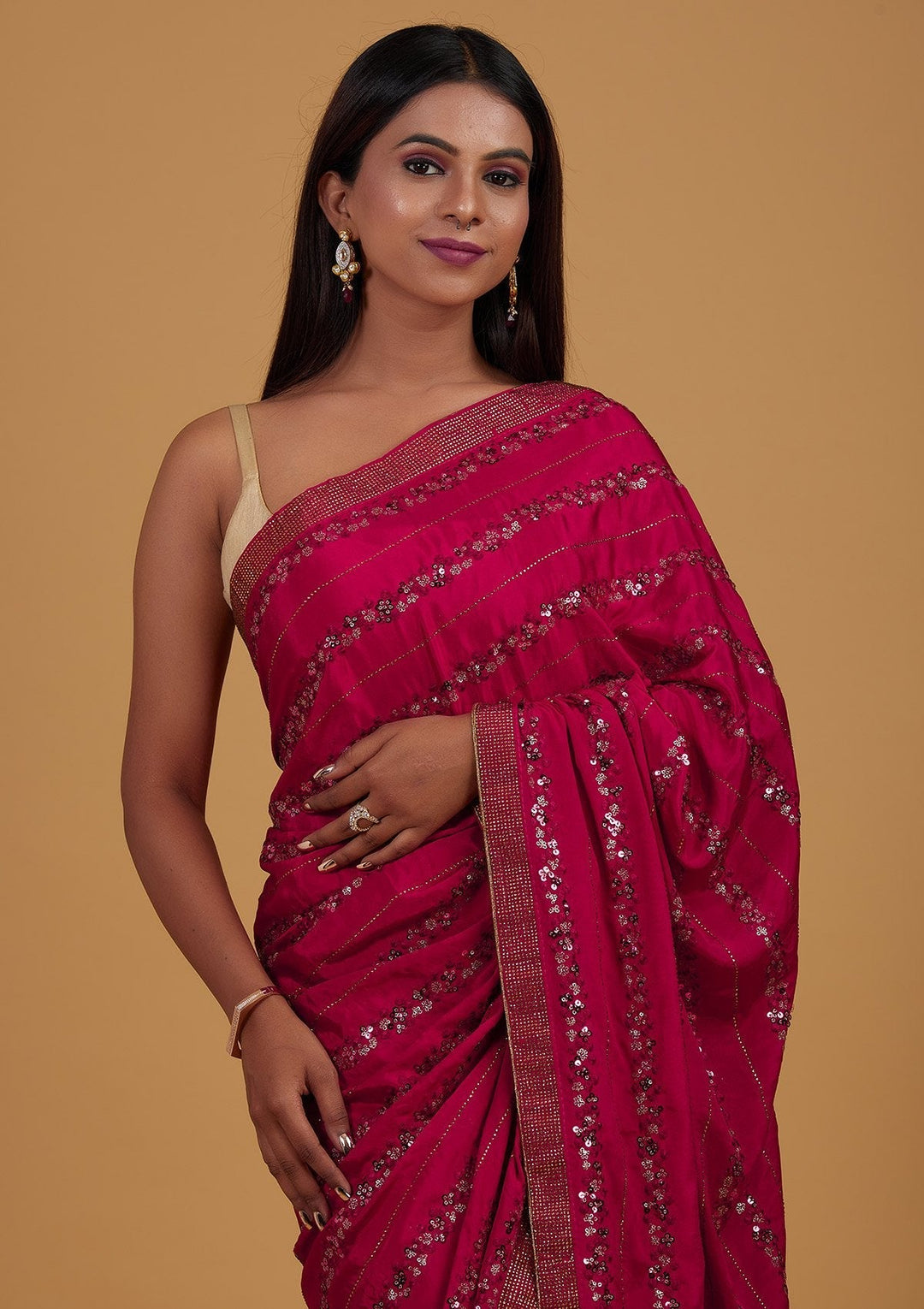 Rani Pink Swarovski Semi Crepe Designer Saree - Koskii