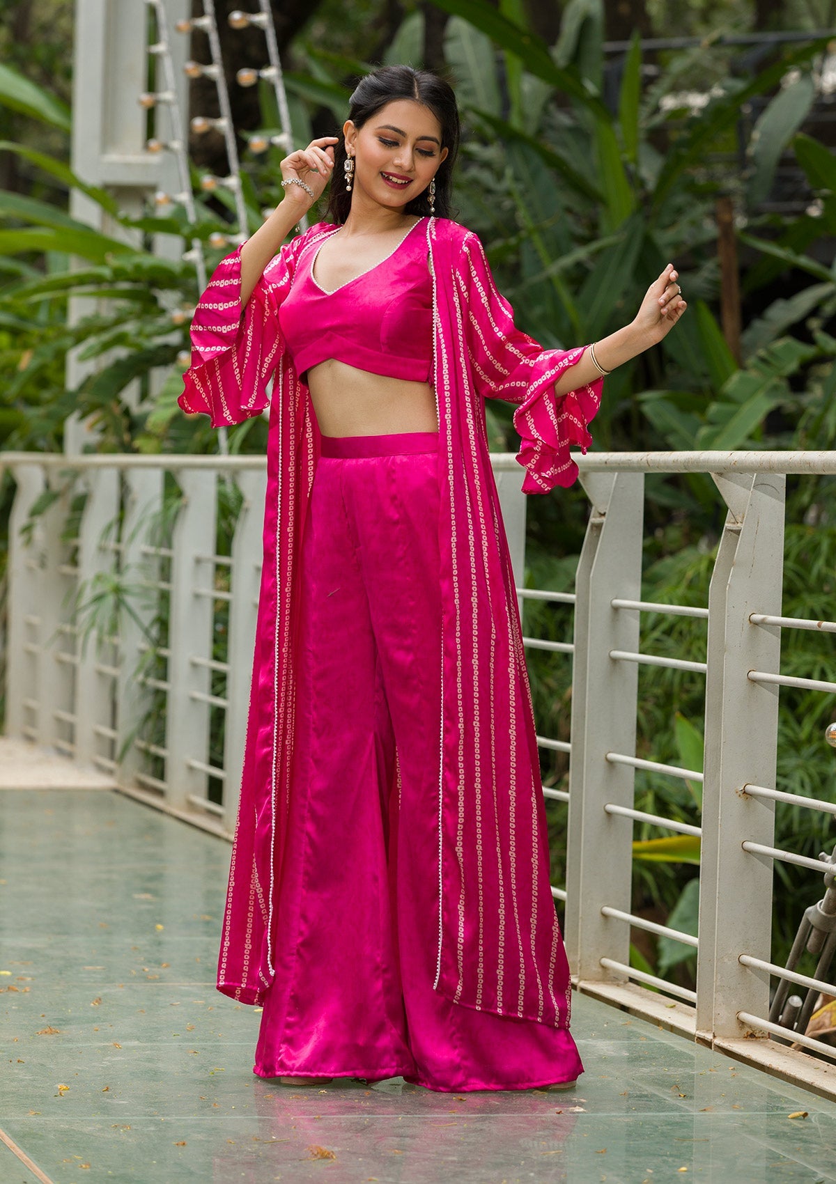 Rani Pink Bandhani Print Satin Readymade Salwar Kameez-Koskii