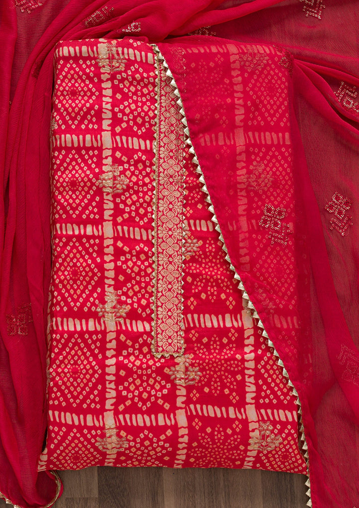 Red Bandhani Semi Crepe Unstitched Salwar Suit-Koskii