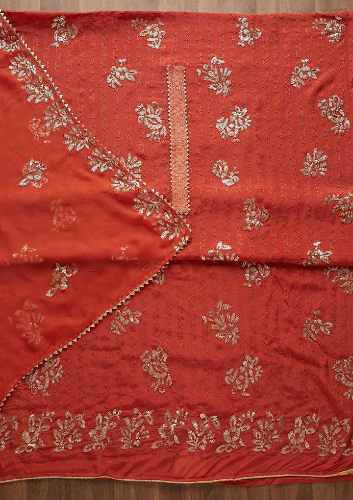 Rust Sequins Georgette Semi-Stitched Salwar Suit-Koskii