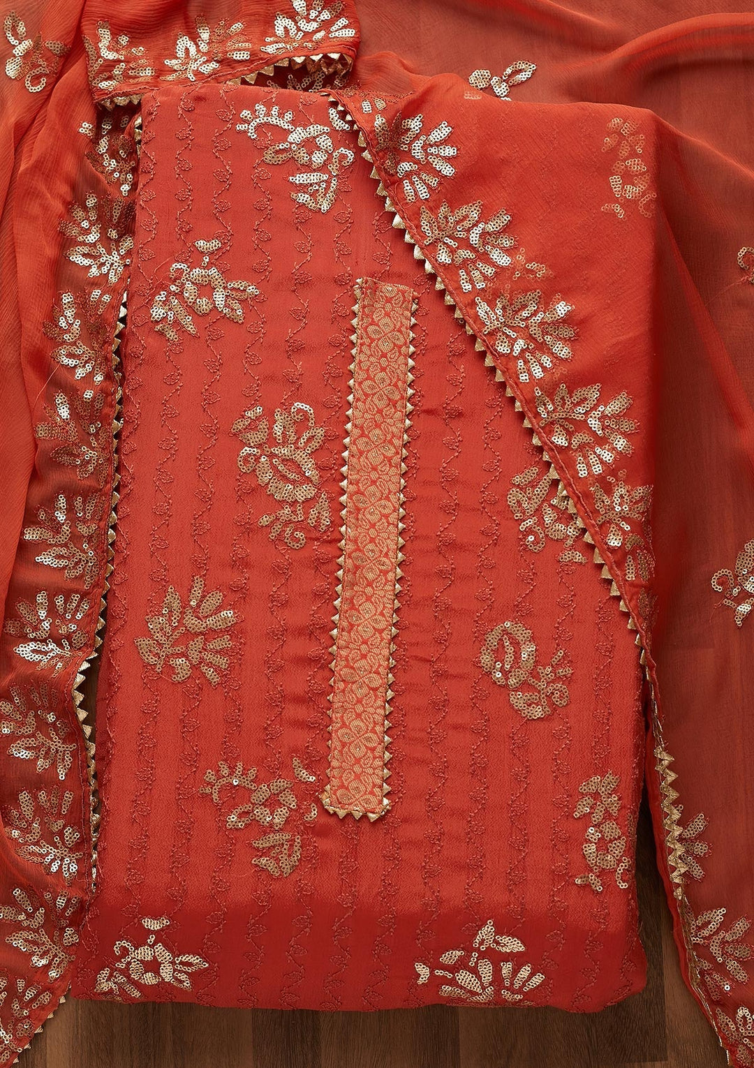 Rust Sequins Georgette Semi-Stitched Salwar Suit-Koskii