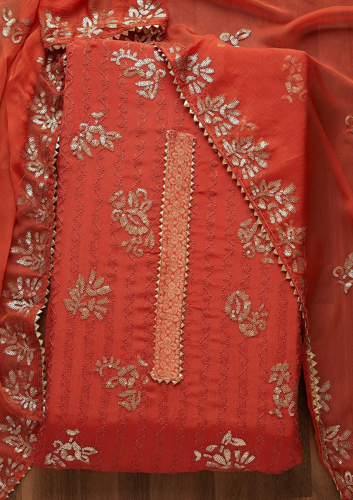 Rust Sequins Georgette Semi-Stitched Salwar Suit-Koskii