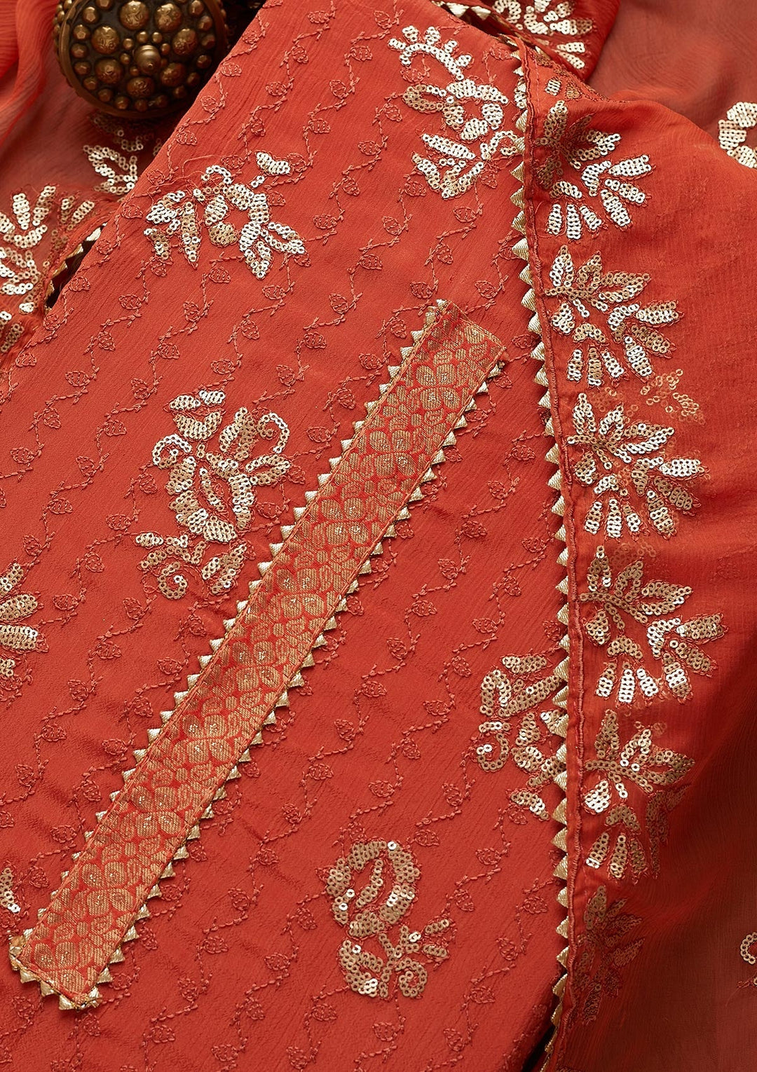 Rust Sequins Georgette Semi-Stitched Salwar Suit-Koskii