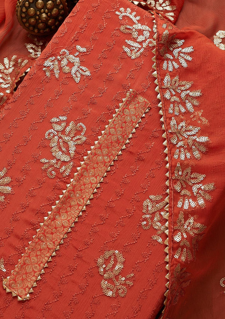 Rust Sequins Georgette Semi-Stitched Salwar Suit-Koskii