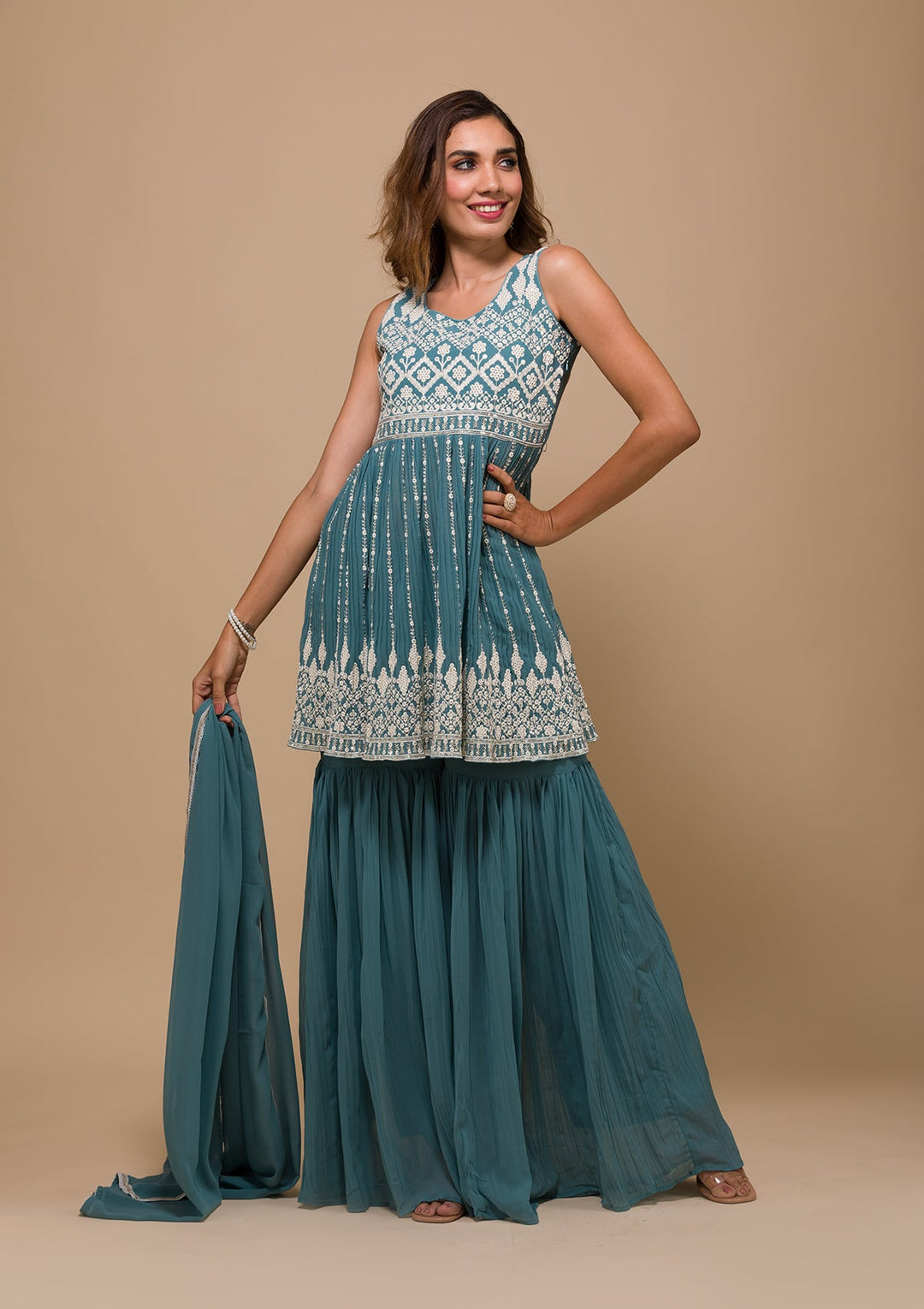 Sea Green Threadwork Georgette Readymade Salwar Kameez-Koskii