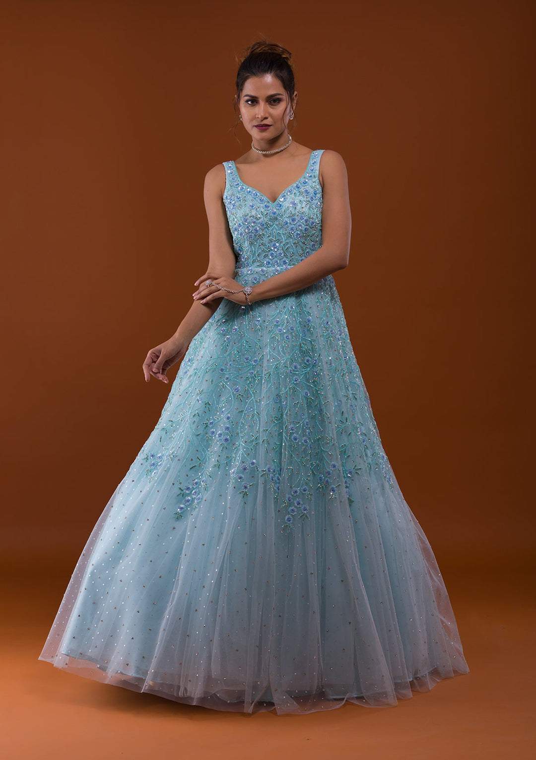 Sky Blue Sequins Net Designer Gown-Koskii
