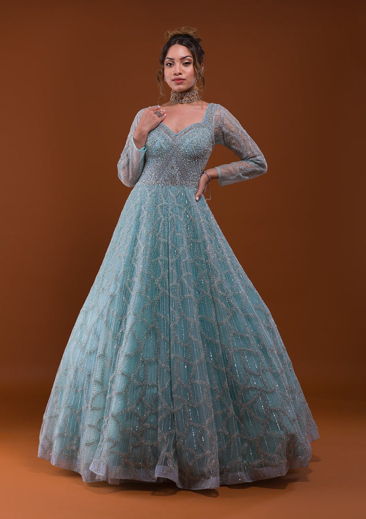 Sky Blue Silver Stonework Net Designer Gown-Koskii