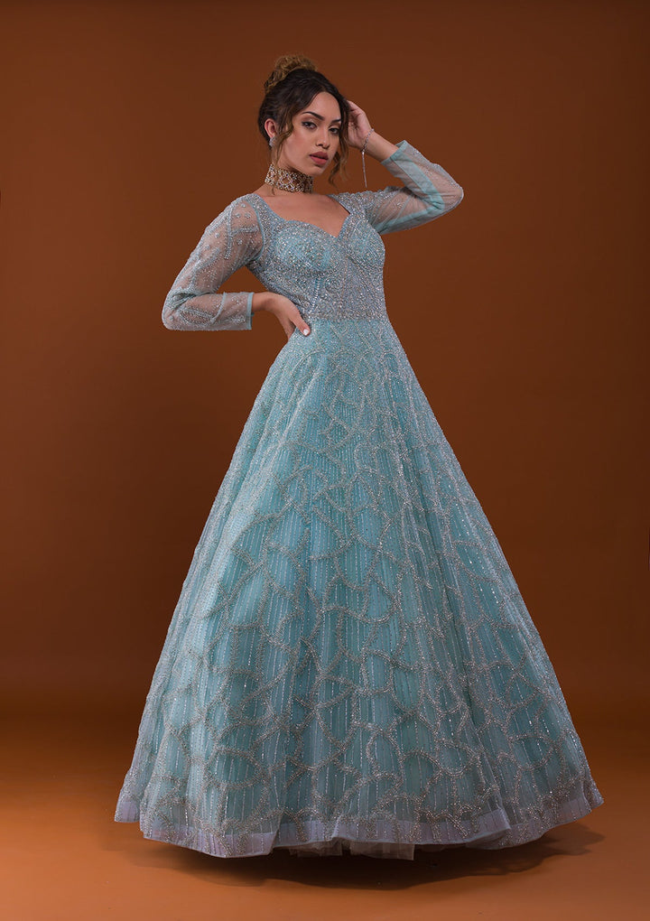Sky Blue Silver Stonework Net Designer Gown-Koskii
