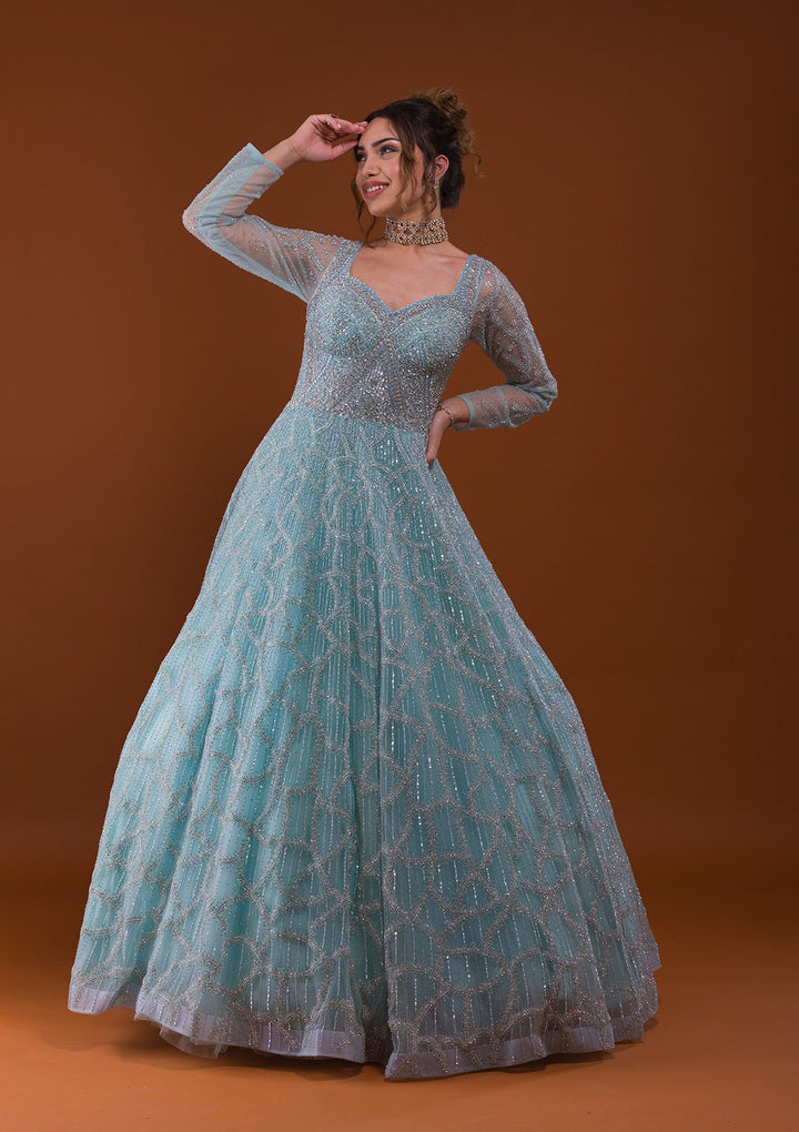 Sky Blue Silver Stonework Net Designer Gown-Koskii