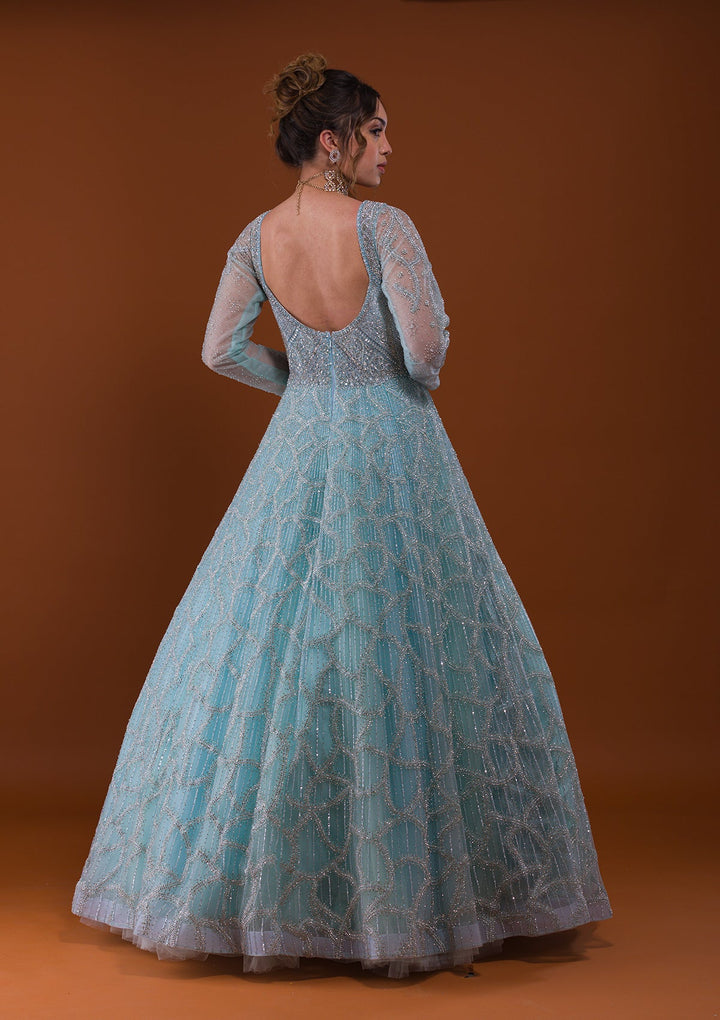 Sky Blue Silver Stonework Net Designer Gown-Koskii