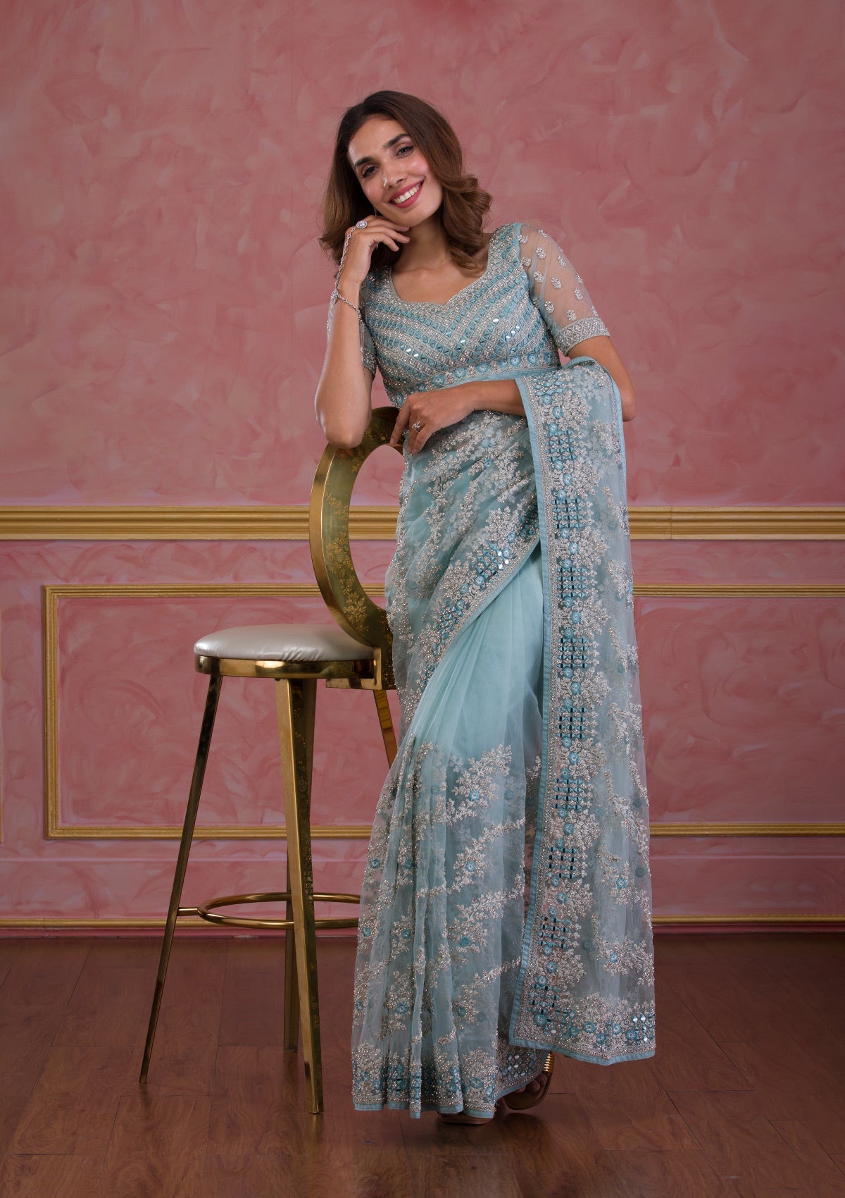 Buy Sky Blue Zariwork Net Saree - Koskii