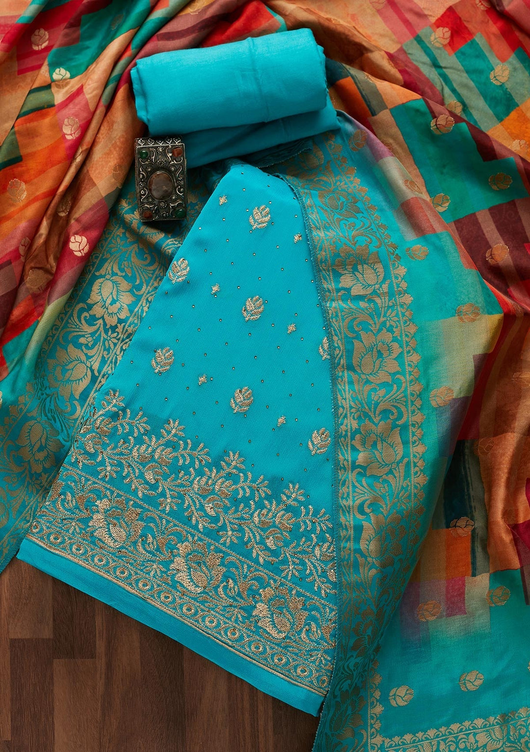 Turquoise Blue Zariwork Chanderi Designer Unstitched Salwar Suit - Koskii
