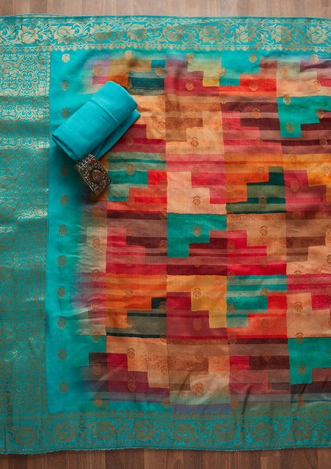 Turquoise Blue Zariwork Chanderi Designer Unstitched Salwar Suit - Koskii