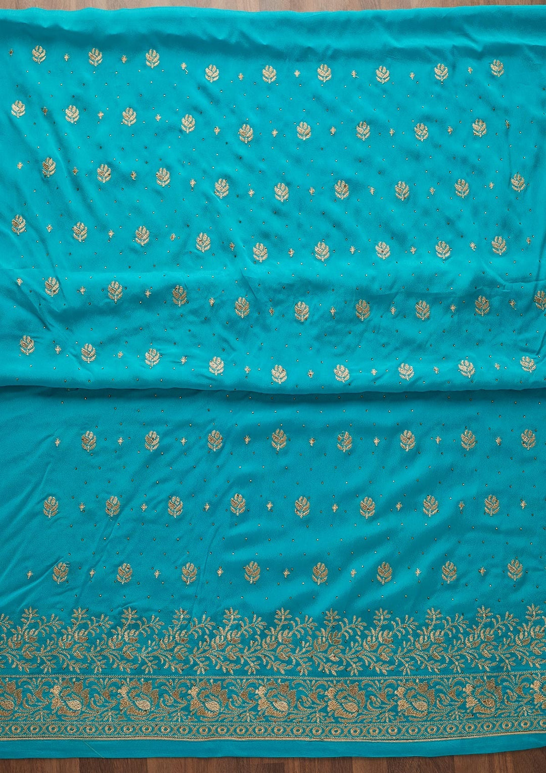 Turquoise Blue Zariwork Chanderi Designer Unstitched Salwar Suit - Koskii
