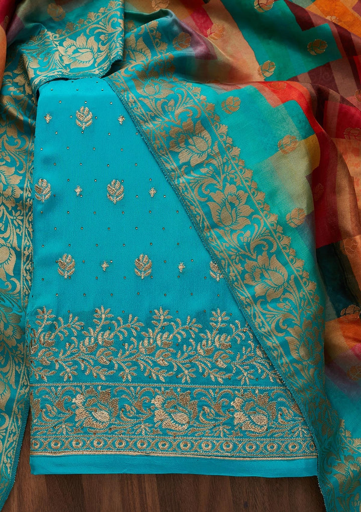 Turquoise Blue Zariwork Chanderi Designer Unstitched Salwar Suit - Koskii