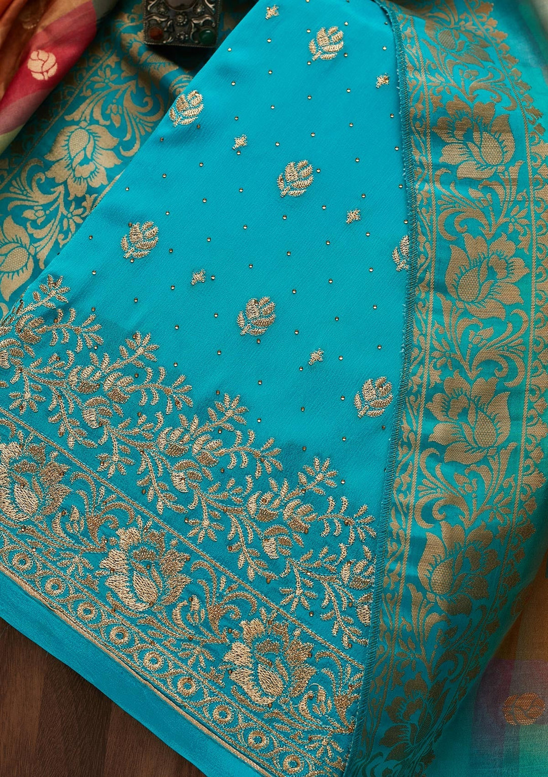 Turquoise Blue Zariwork Chanderi Designer Unstitched Salwar Suit - Koskii