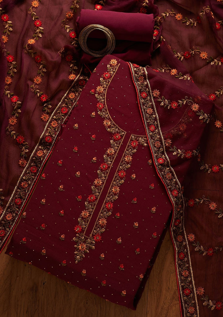Wine Swarovski Georgette Designer Unstitched Salwar Suit - koskii