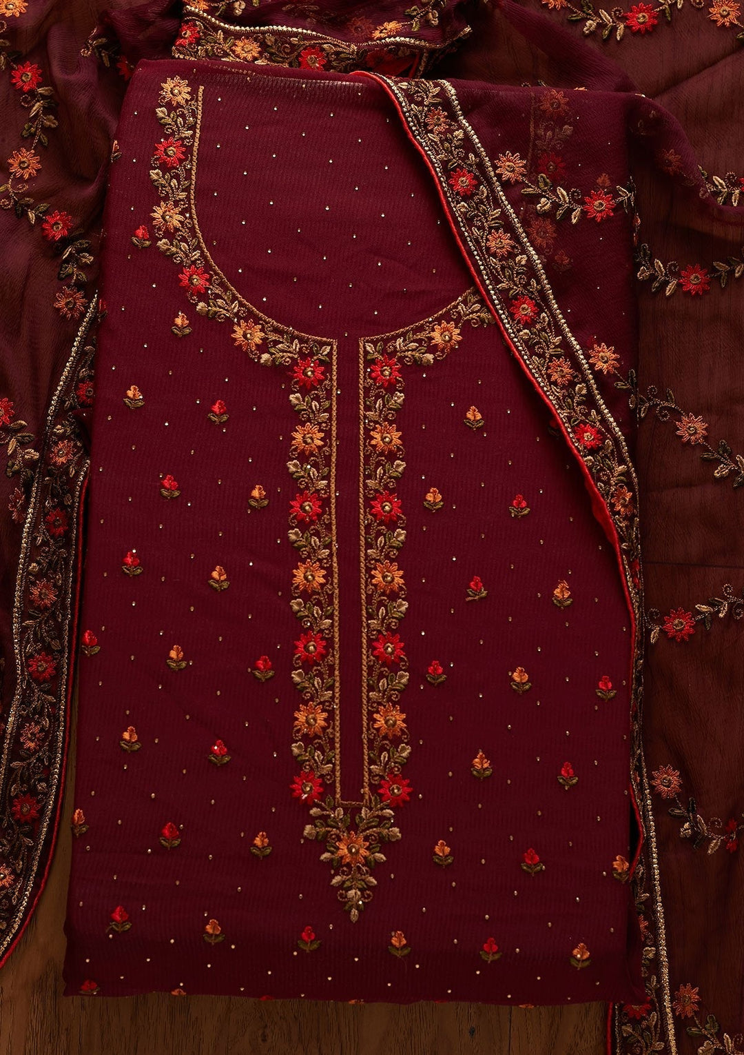Wine Swarovski Georgette Designer Unstitched Salwar Suit - koskii