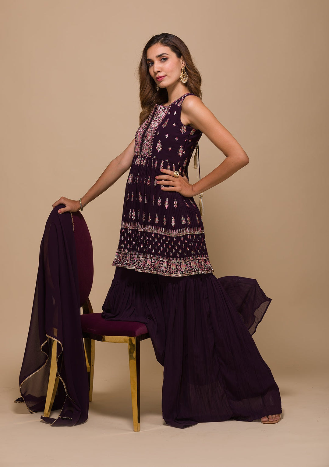 Wine Threadwork Georgette Readymade Salwar Kameez-Koskii