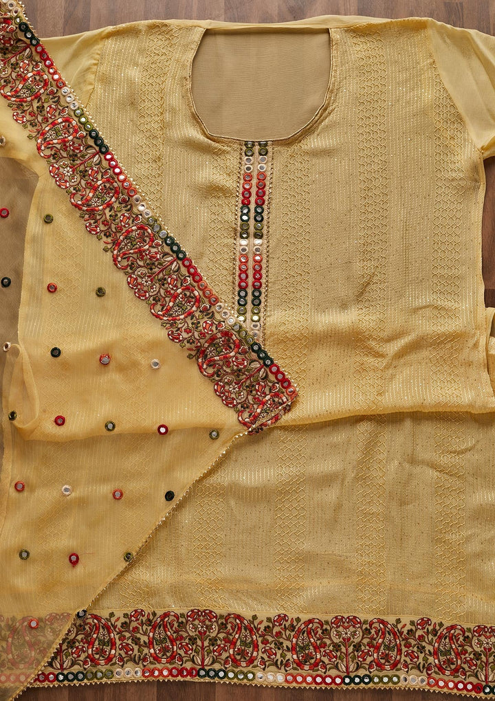 Yellow Mirrorwork Georgette Designer Unstitched Salwar Suit - Koskii