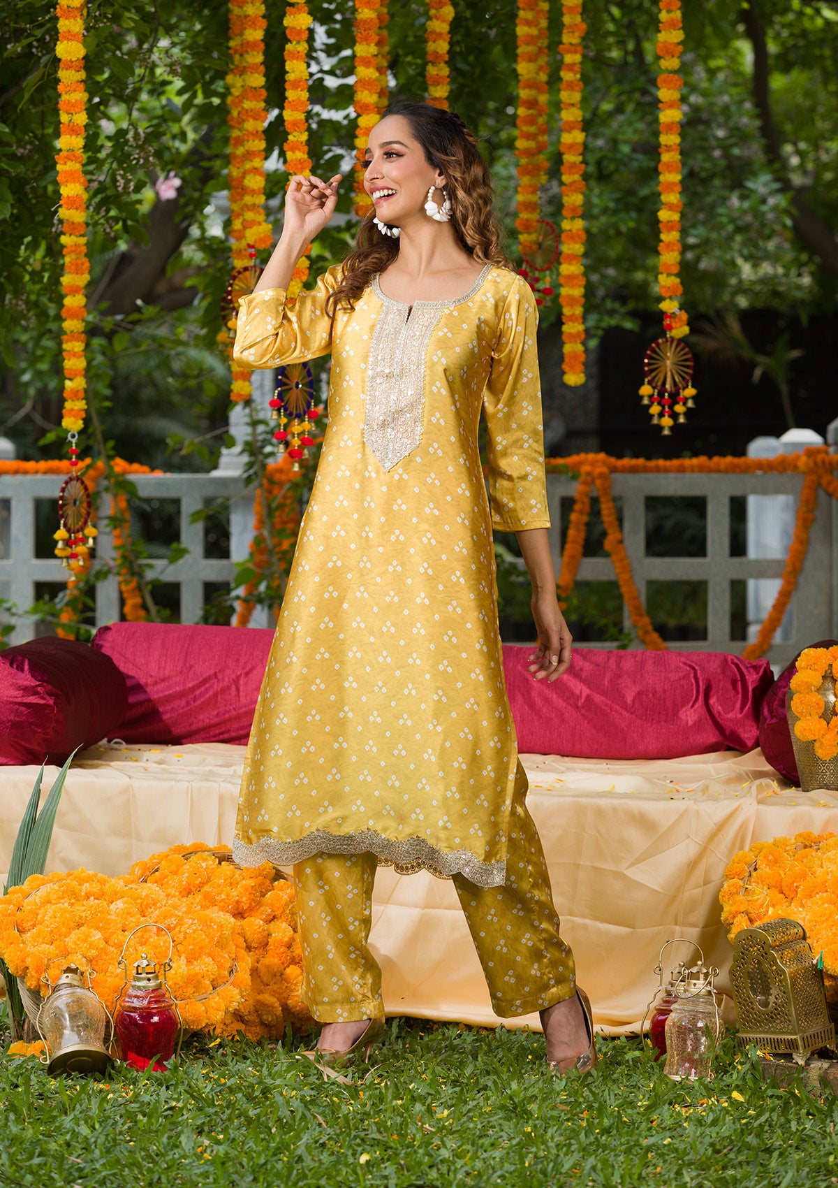 Yellow Bandhani Semi Crepe Readymade Salwar Suit-Koskii