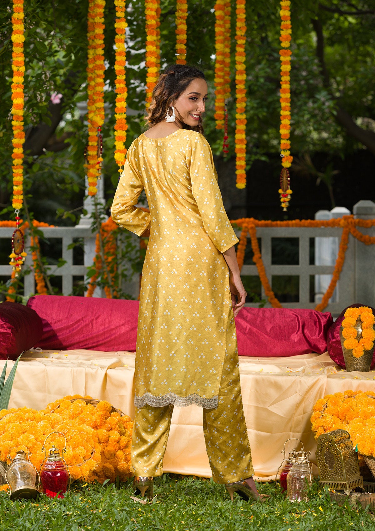 Yellow Bandhani Semi Crepe Readymade Salwar Suit-Koskii